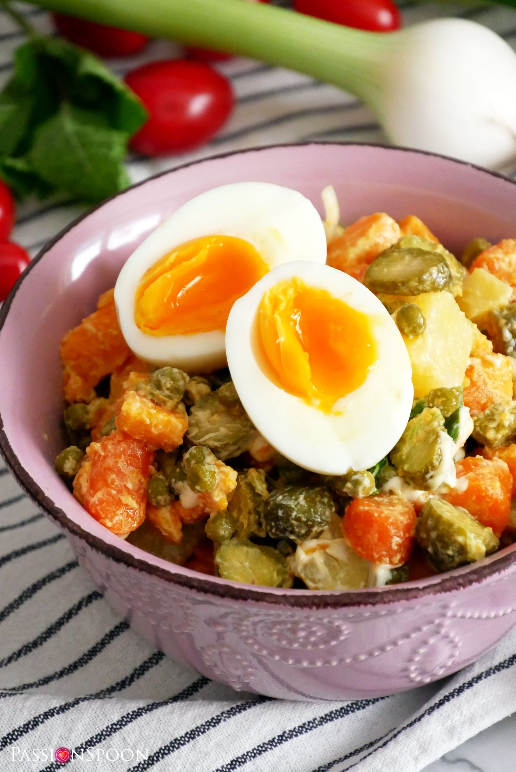 Olivier Russian potato salad; vegetarian recipe - PassionSpoon recipes